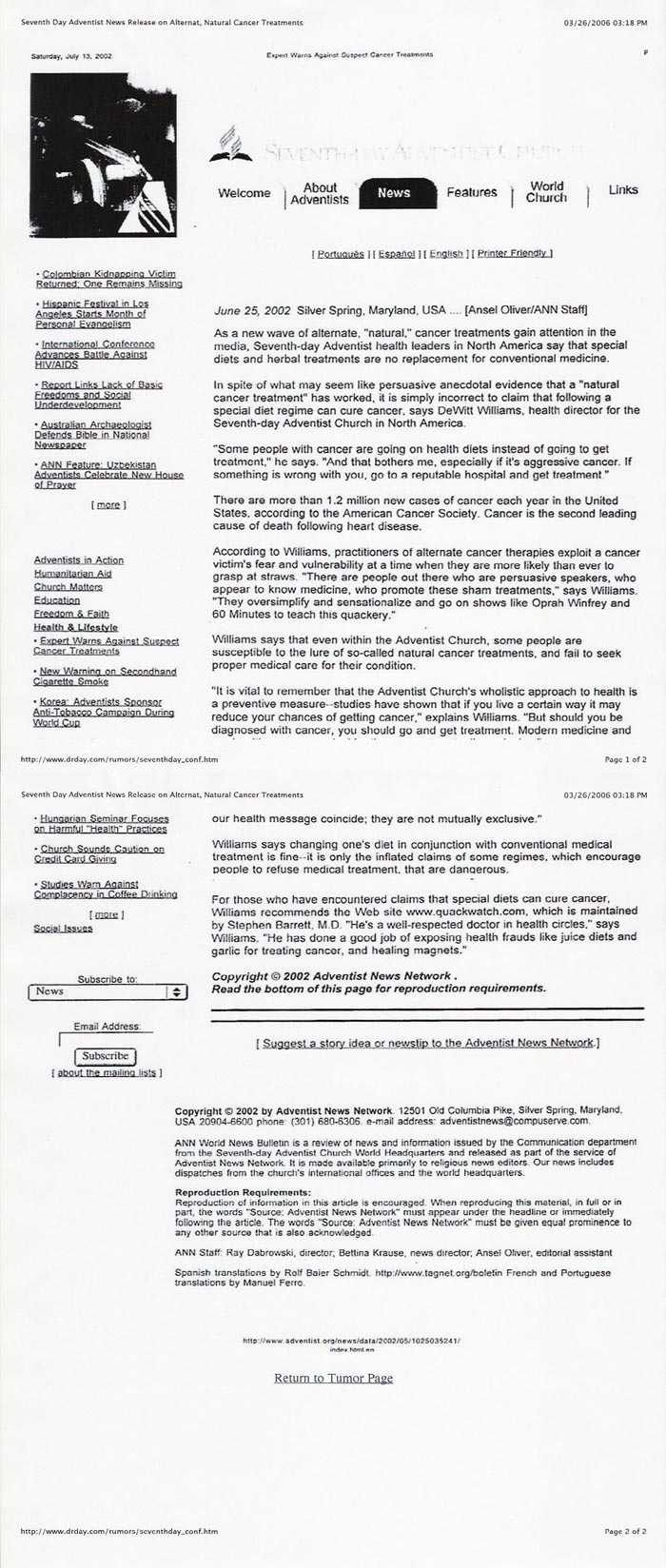 Seventh-day Adventists Denounce
                        Their OWN Health Message as Quackery!
